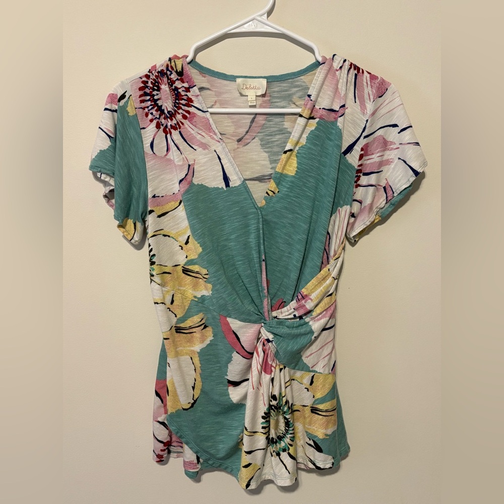 Anthropologie Deletta Teal Floral Twist-Front V-Neck Tunic Shirt Size Small